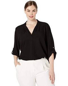 Women's V-Neck Roll Sleeve Tunic Blouse