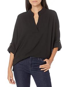 Women's Puckered V-Neck Roll Sleeve Top