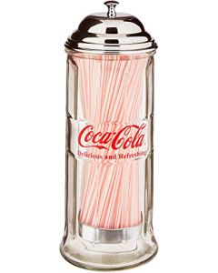 Tablecraft Coca-Cola Glass Straw Dispenser with Metal Lid, Small