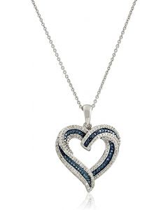 Sterling Silver Blue and White Diamond Heart Pendant Necklace