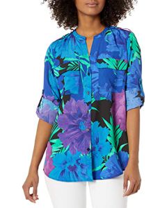 Women's Printed Crew Neck Roll Sleeve Blouse